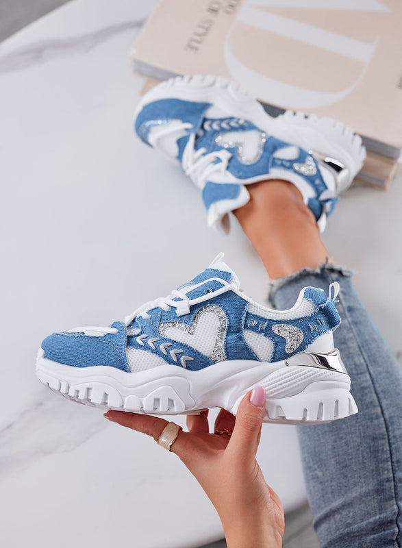 LORY - Zapatillas deportivas blancas para mujer con corazón y detalles en azul jeans