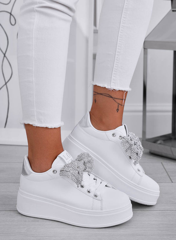 TULLIA - White sneakers with jeweled bow and silver heel