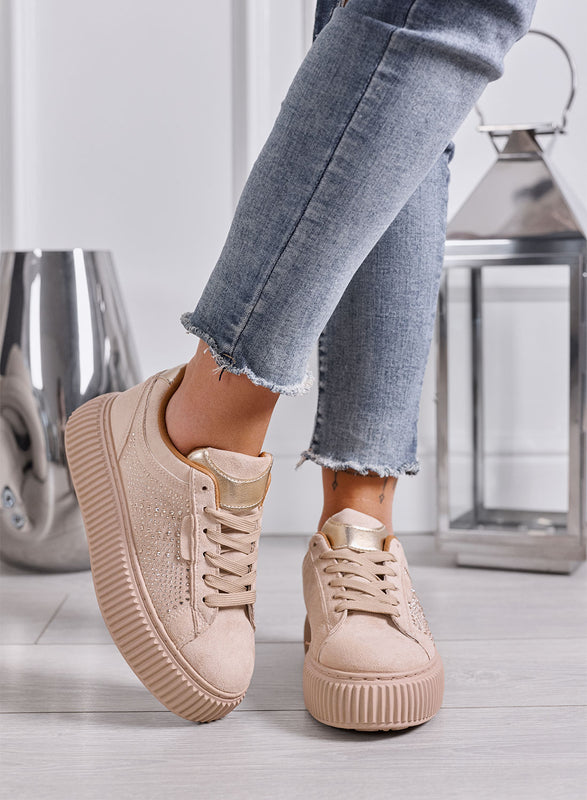 LIBERA - Sneakers Donna beige con Strass e Suola Platform Alta