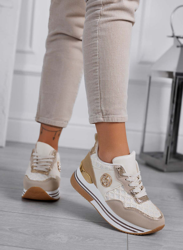 WALKER - Women's taupe sneakers with gold details and mesh texture