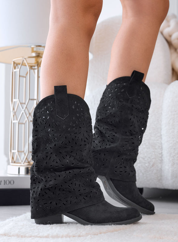 JULY - Stivaletti camperos neri scamosciati traforati con risvolto