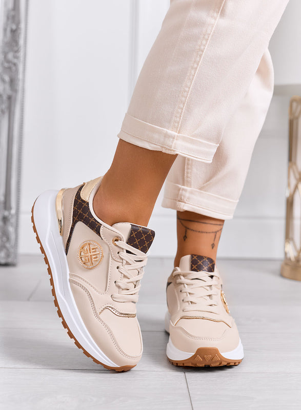 GLAMY - Beige sneakers with gold details and monogram print