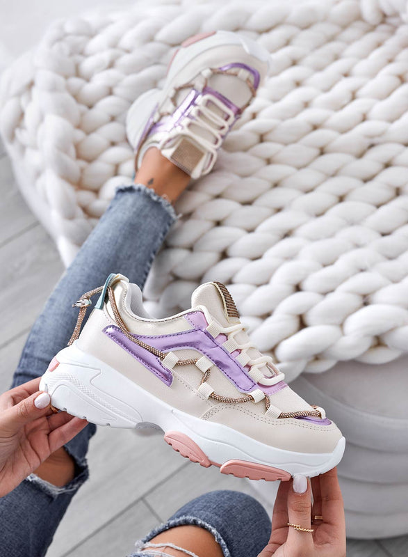 Beige sneakers with thick sole and rhinestones