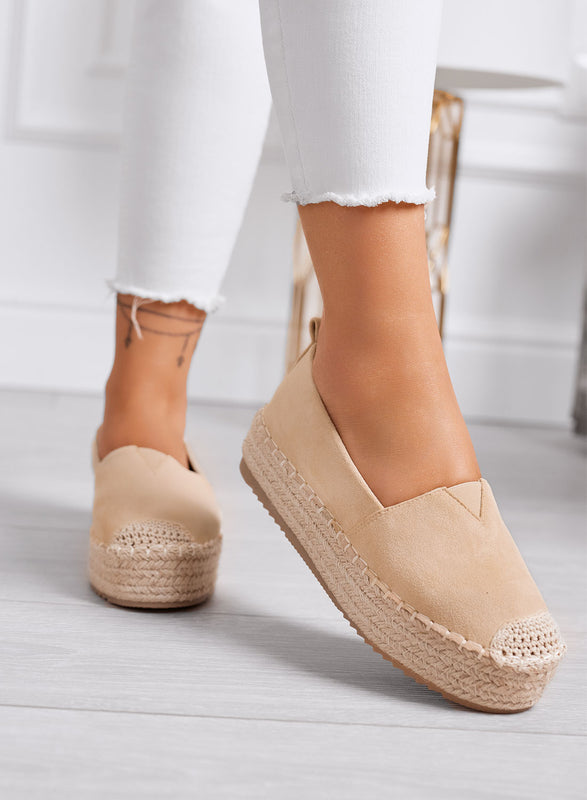 MAGDA - Alpargatas de plataforma beige con punta de crochet y suela de cuerda