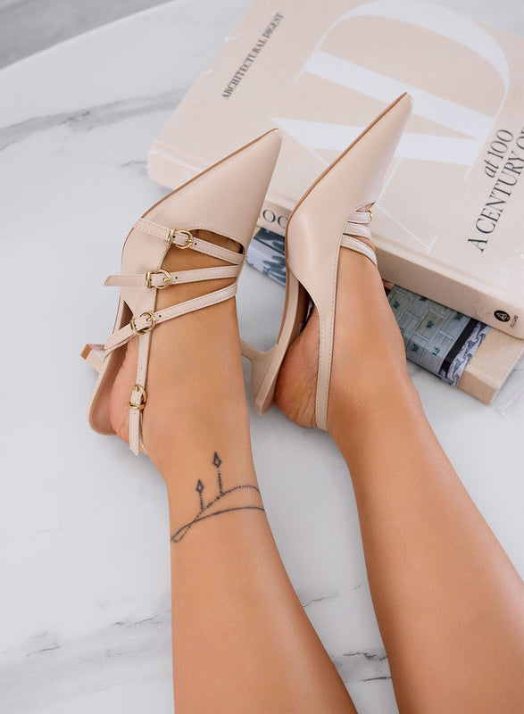 FAUSTA - Zapatos de tacón beige slingback con tiras finas y tacón de barril