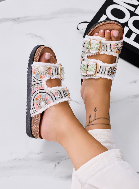 MARGOT - Sandalias joya blancas con doble hebilla y tejido deshilachado