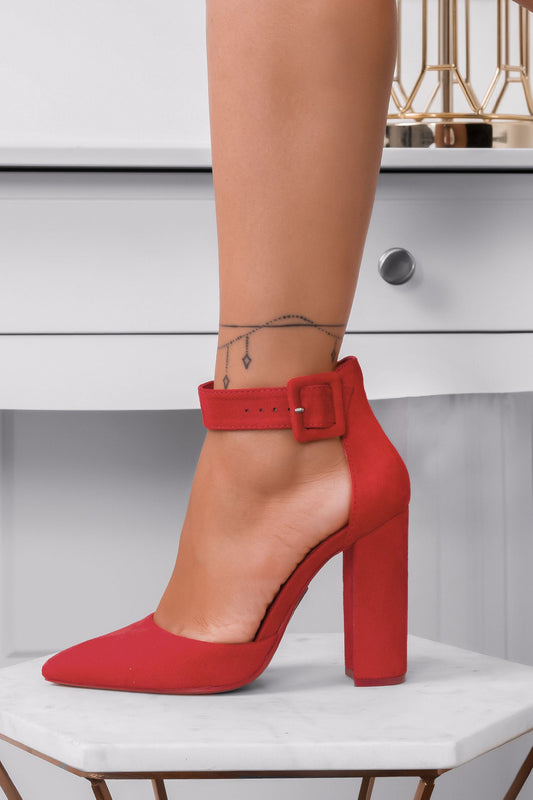 SOFIA - Zapatos de salón rojos de ante con correa y tacón ancho
