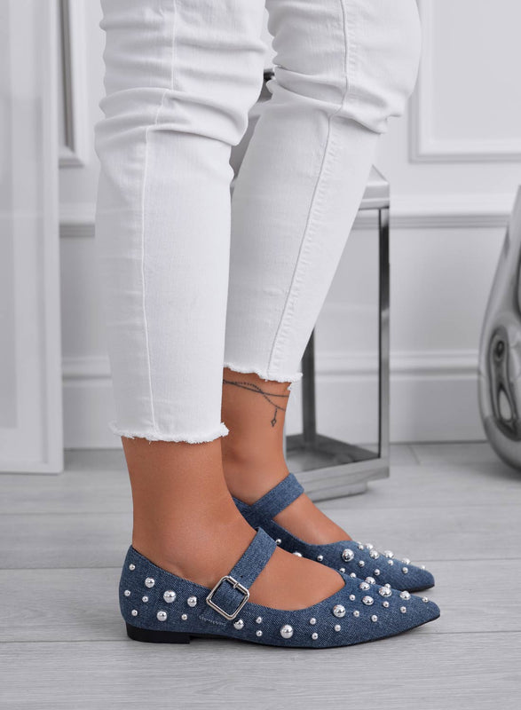 FRANCA - Blue denim pointed ballerinas with silver sphere studs