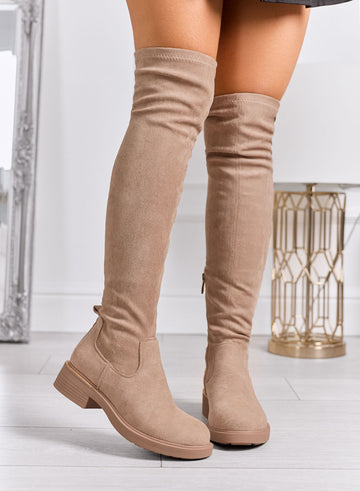 SANDY - Botas altas de muslo en tejido elástico color barro