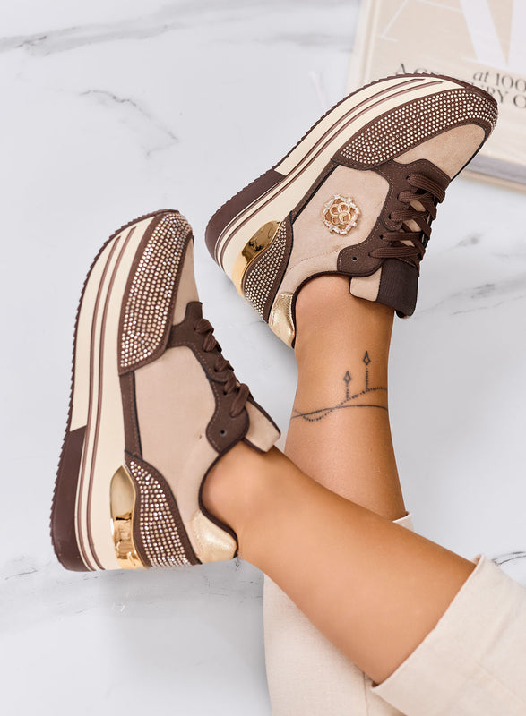 XIOMARA - Sneakers marroni platform con inserti oro e strass