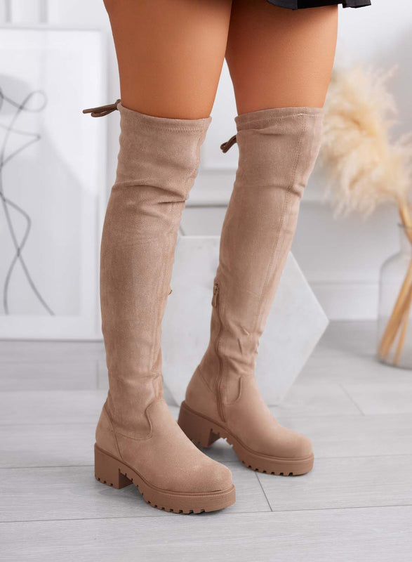 FLUX botas de mujer de ante color barro por encima de la rodilla con suela gruesa