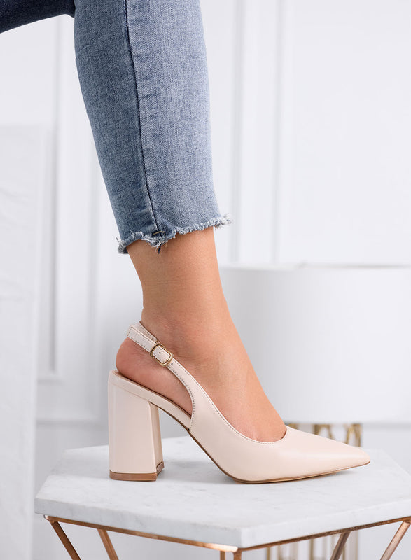 ANGELICA - Décolleté slingback beige de punta con tacón ancho