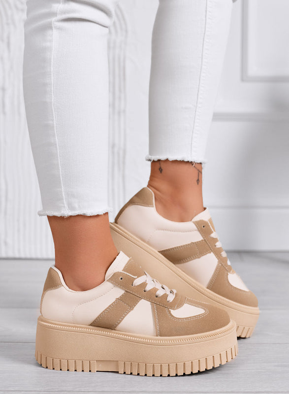 SHELBY - Zapatillas Platform Beige con Insertos en Color Fango a Contraste