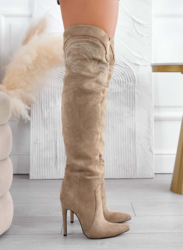 Mud thigh-high boots with rhinestones