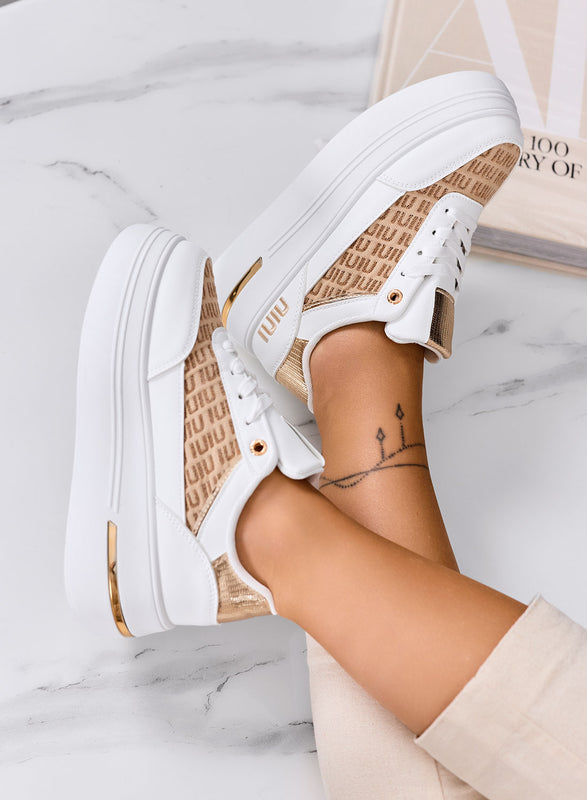 CAMILLA - Baskets blanches à plateforme avec empiècements en tissu beige