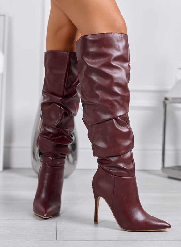 FATIMA - Bottes hautes bordeaux plissées à talon aiguille