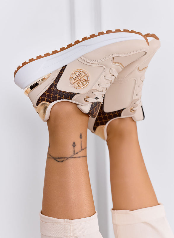GLAMY - Beige sneakers with gold details and monogram print