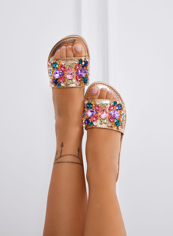 CLELIA - Sandales mules bijoux champagne avec pierres multicolores et semelle basse