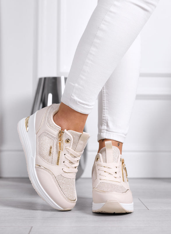 GEMMA - Sneakers beige con Zip Laterale e Inserti Rete
