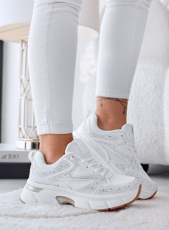 MARTINA - Sneakers bianche con Strass e Suola Platform Chunky