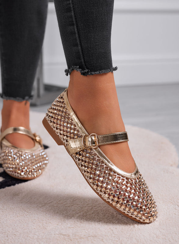 LAVINIA - Bailarinas doradas con strass y cinturón ajustable