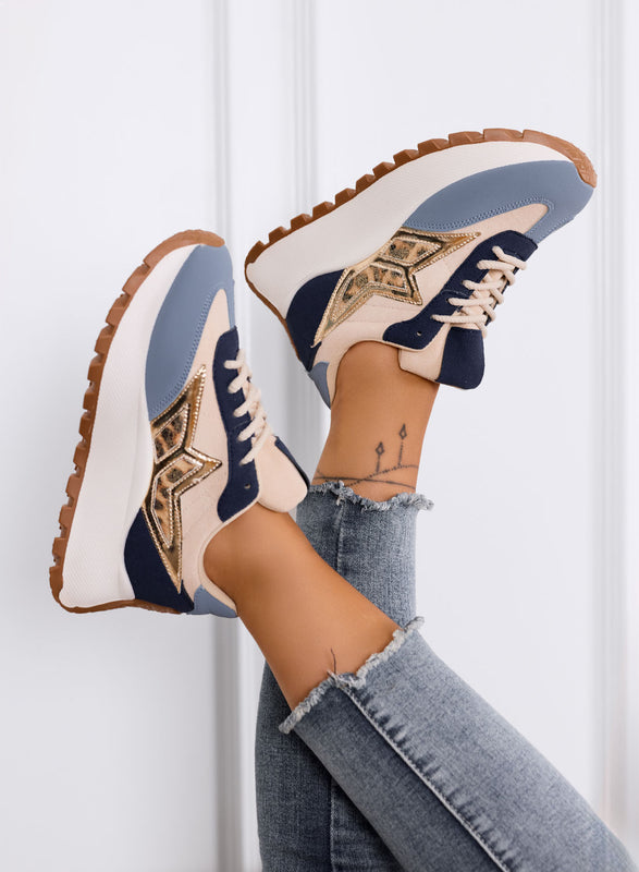 CLARISSA - Sneakers blu e beige con dettaglio maculato e suola spessa
