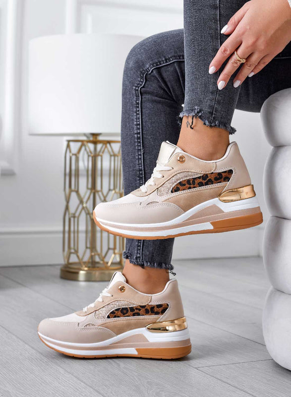 Sneakers beige con inserti glitter e maculati