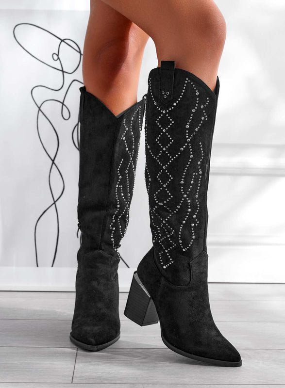 VERONICA - Bottes noires en daim avec strass