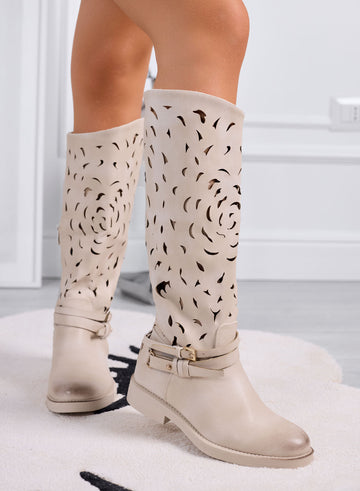 DIANA - Botas beige para mujer perforadas con cinturón