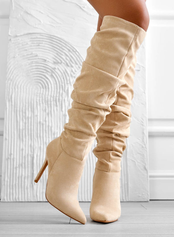 SELENA - Botas rizadas beige con tacon alto stiletto