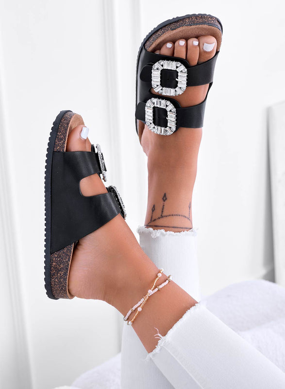 ADDY - Sandalias tipo zapatilla de corcho negro con hebillas de strass