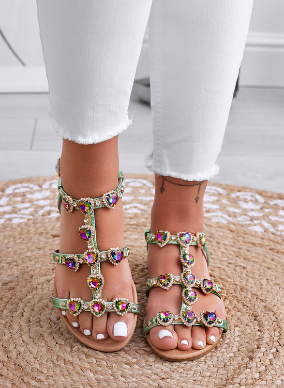 SHANA - Green flat jeweled sandals