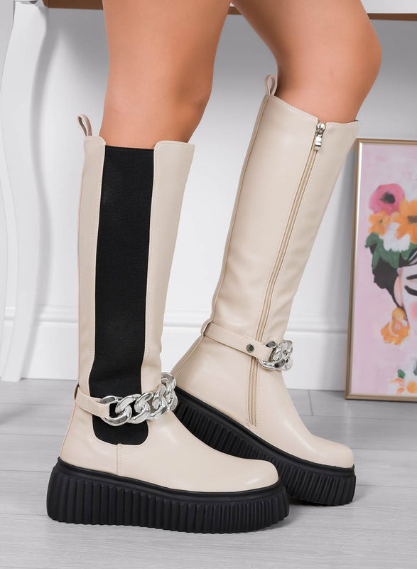 LARA - Botas beige alexoo con elatisco negro y cadena extraible