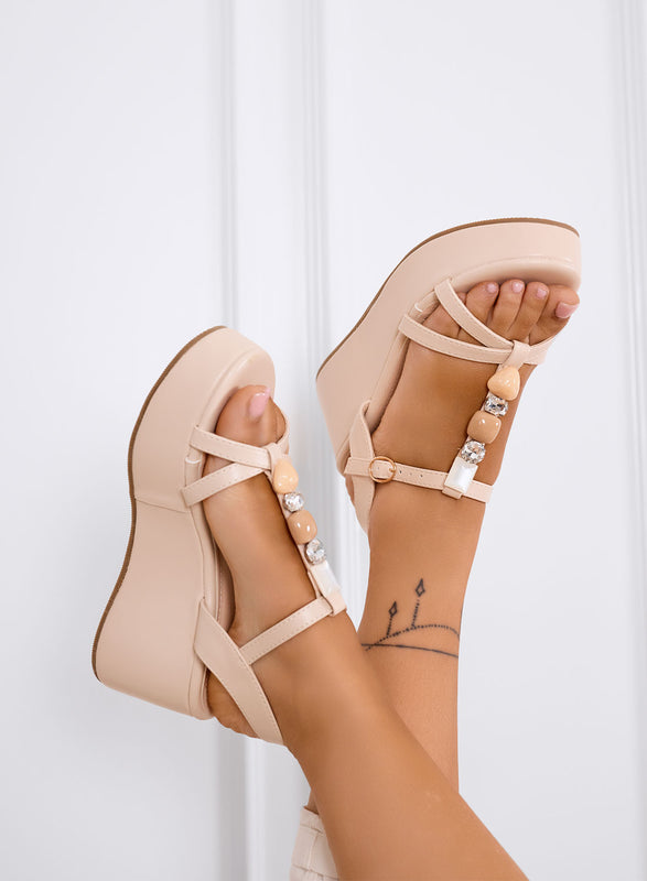 LEON - Sandales compensés beiges avec brides et pierres bijoux