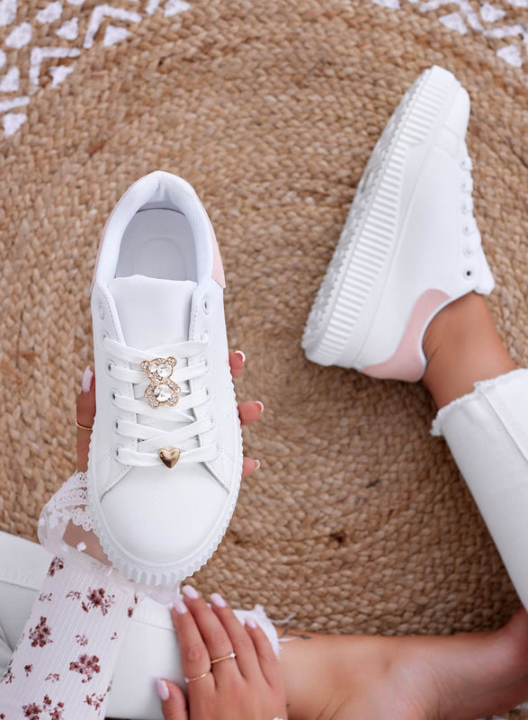 BEVERLY - White sneakers with jeweled teddy bear and pink heel