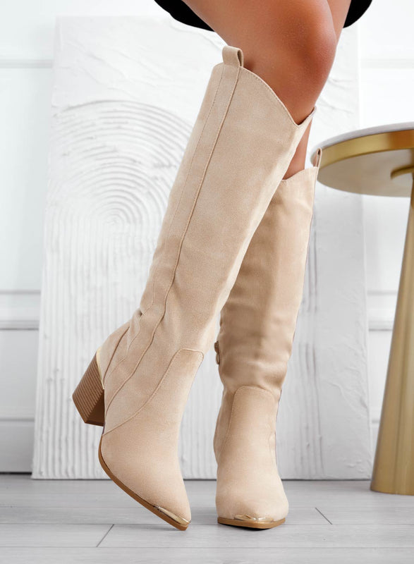 Botas camperas beige con tacón de imitación madera