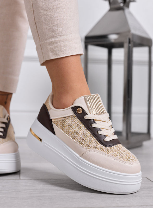 SONIA - Sneakers beige con inserti in tessuto laminato oro