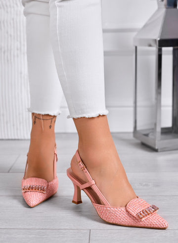 RUSH - Zapatos de tacón rosas Slingback trenzados con aplicación de joya
