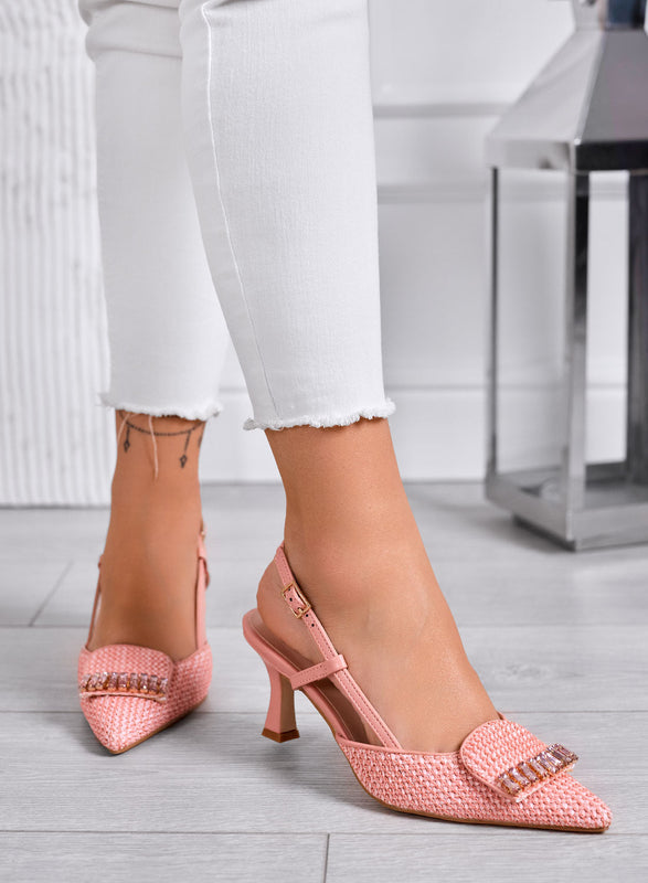 RUSH - Zapatos de tacón rosas Slingback trenzados con aplicación de joya