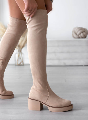 SLOANE - Botas Alexoo beige de ante por encima de la rodilla