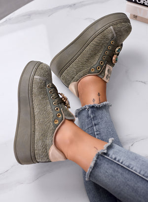 NINFA - Sneakers verdi platform in tessuto laminato e applicazione gioiello