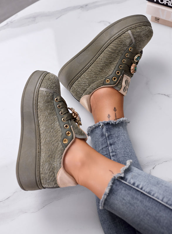 NINFA - Sneakers verdi platform in tessuto laminato e applicazione gioiello