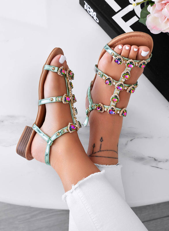 SHANA - Green flat jeweled sandals
