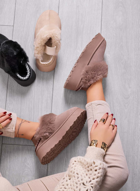 NITRA - Zapatillas marrones acolchadas con pelo sintético y elástico en la parte trasera