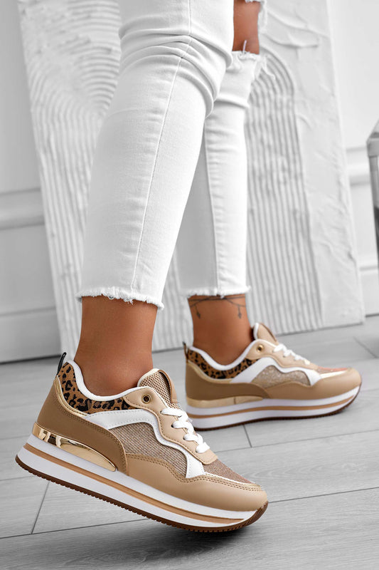 Baskets couleur boue avec empiècements léopard