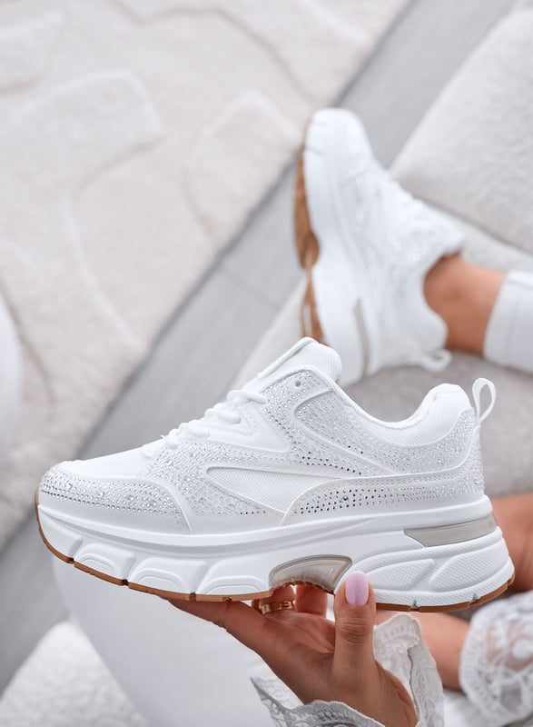 MARTINA - Sneakers bianche con Strass e Suola Platform Chunky