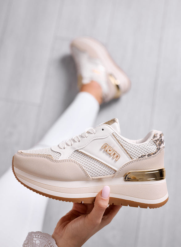 GIADA - Sneakers Beige con Inserti Rete e Dettagli Oro