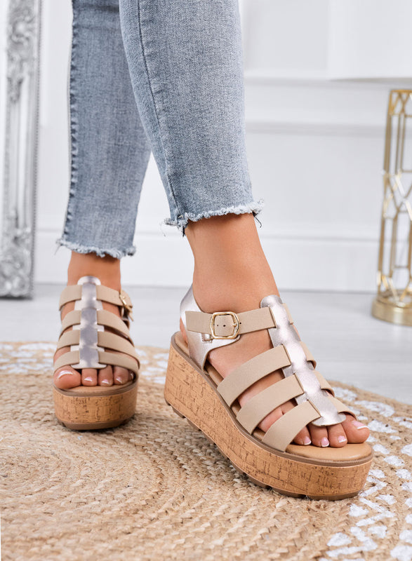 MATILDE - Sandalias beige con cuña platform efecto corcho