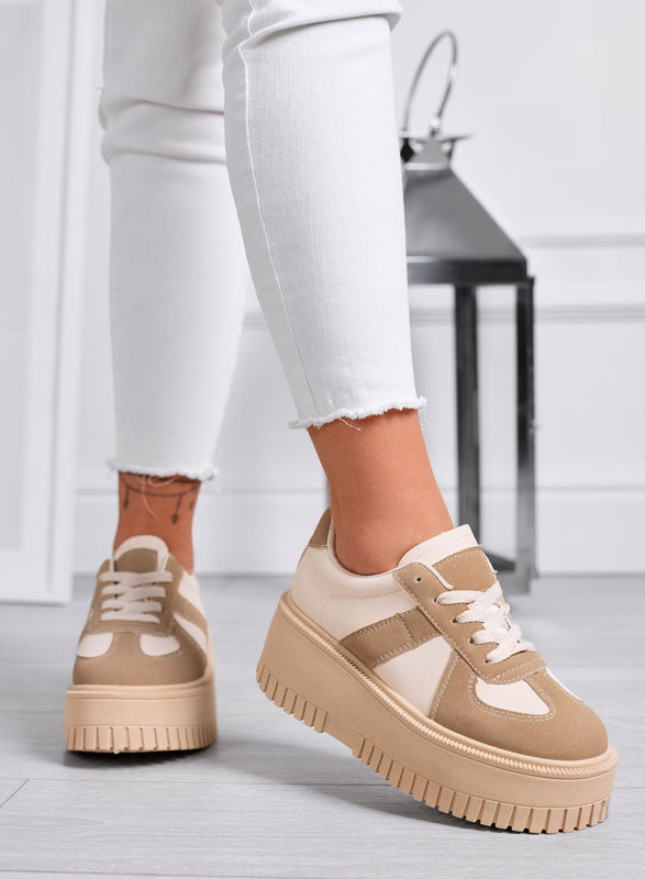 SHELBY - Zapatillas Platform Beige con Insertos en Color Fango a Contraste