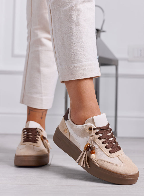 NASTIA - Sneakers Donna beige Scamosciate con Nappine e Perline